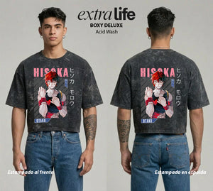 Playera streetwear premium de anime y gaming ExtraLife MX, corte boxy deluxe mineral wash heavyweight en color Acid Wash, moda urbana mexicana de culto.