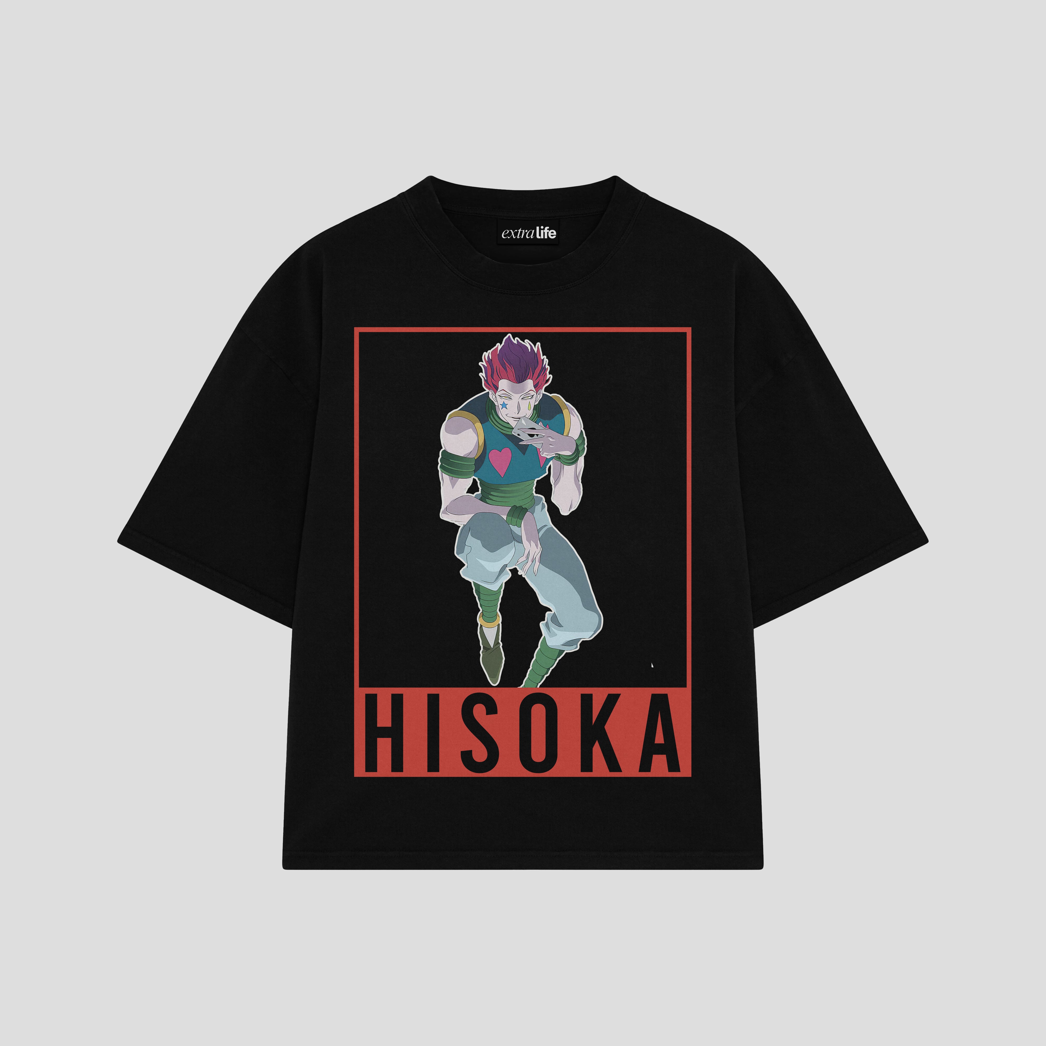 Playera streetwear premium de anime y gaming ExtraLife MX, corte boxy oversized drop shoulder heavyweight en color Deep Black y Off-White, moda urbana mexicana de culto.