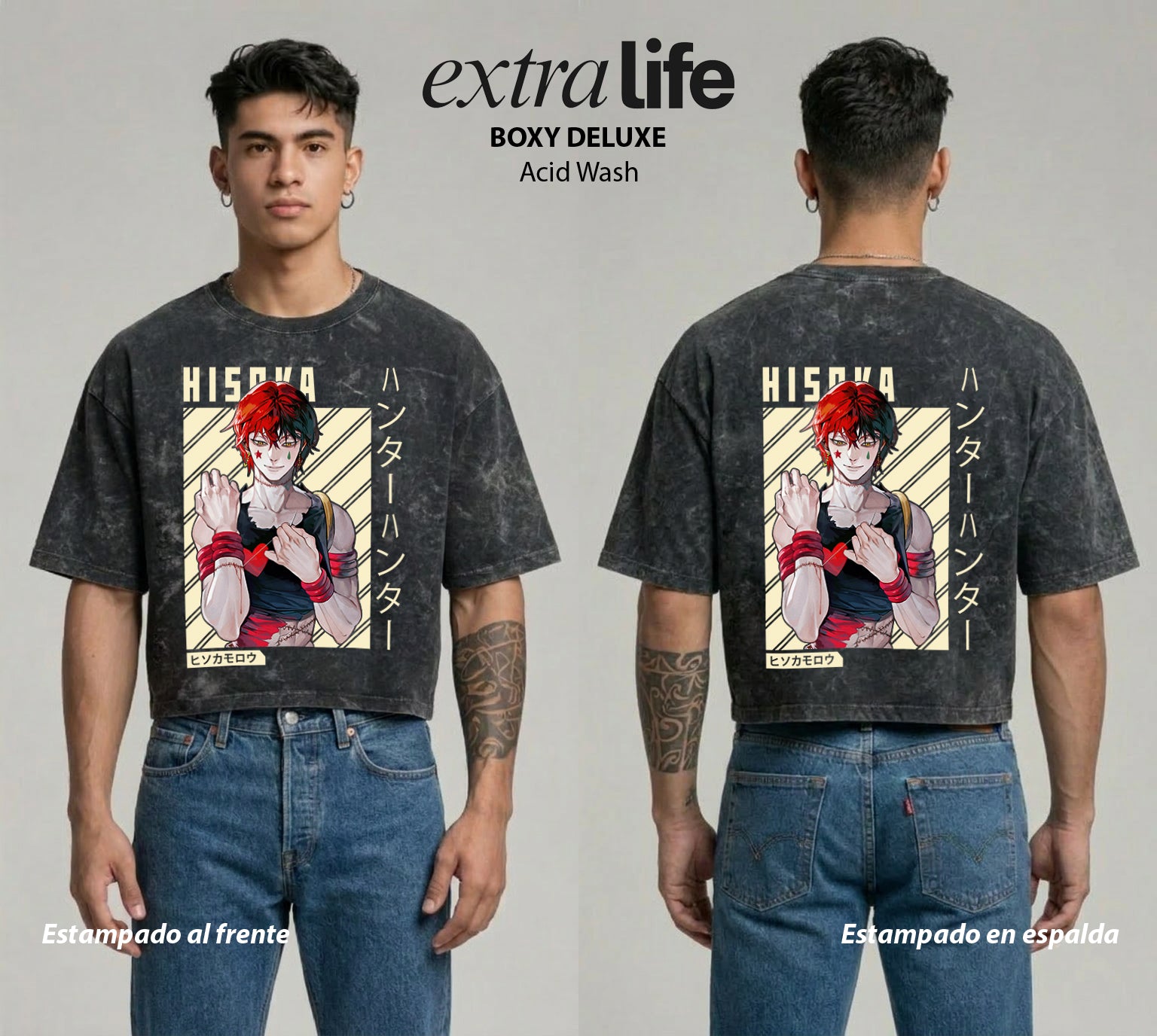 Playera streetwear premium de anime y gaming ExtraLife MX, corte boxy deluxe mineral wash heavyweight en color Acid Wash, moda urbana mexicana de culto.