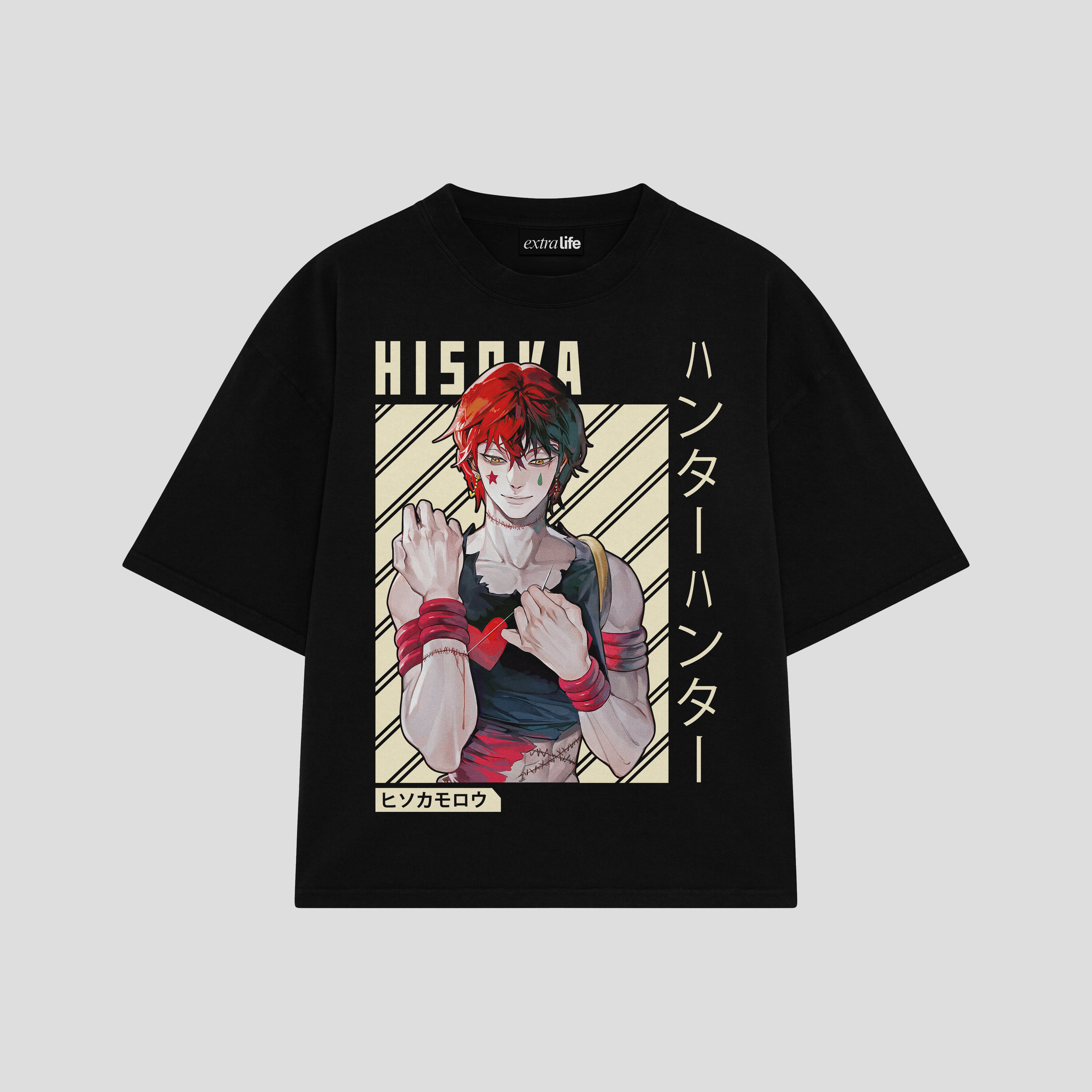 Playera streetwear premium de anime y gaming ExtraLife MX, corte boxy oversized drop shoulder heavyweight en color Deep Black y Off-White, moda urbana mexicana de culto.