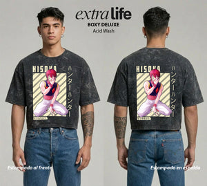 Playera streetwear premium de anime y gaming ExtraLife MX, corte boxy deluxe mineral wash heavyweight en color Acid Wash, moda urbana mexicana de culto.