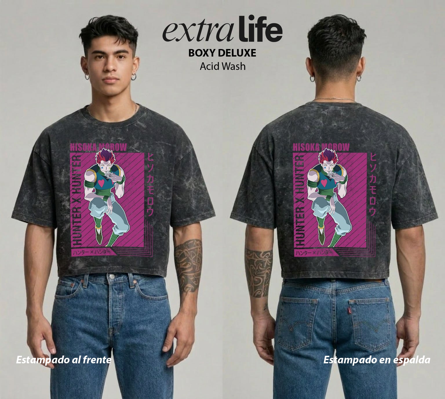Playera streetwear premium de anime y gaming ExtraLife MX, corte boxy deluxe mineral wash heavyweight en color Acid Wash, moda urbana mexicana de culto.