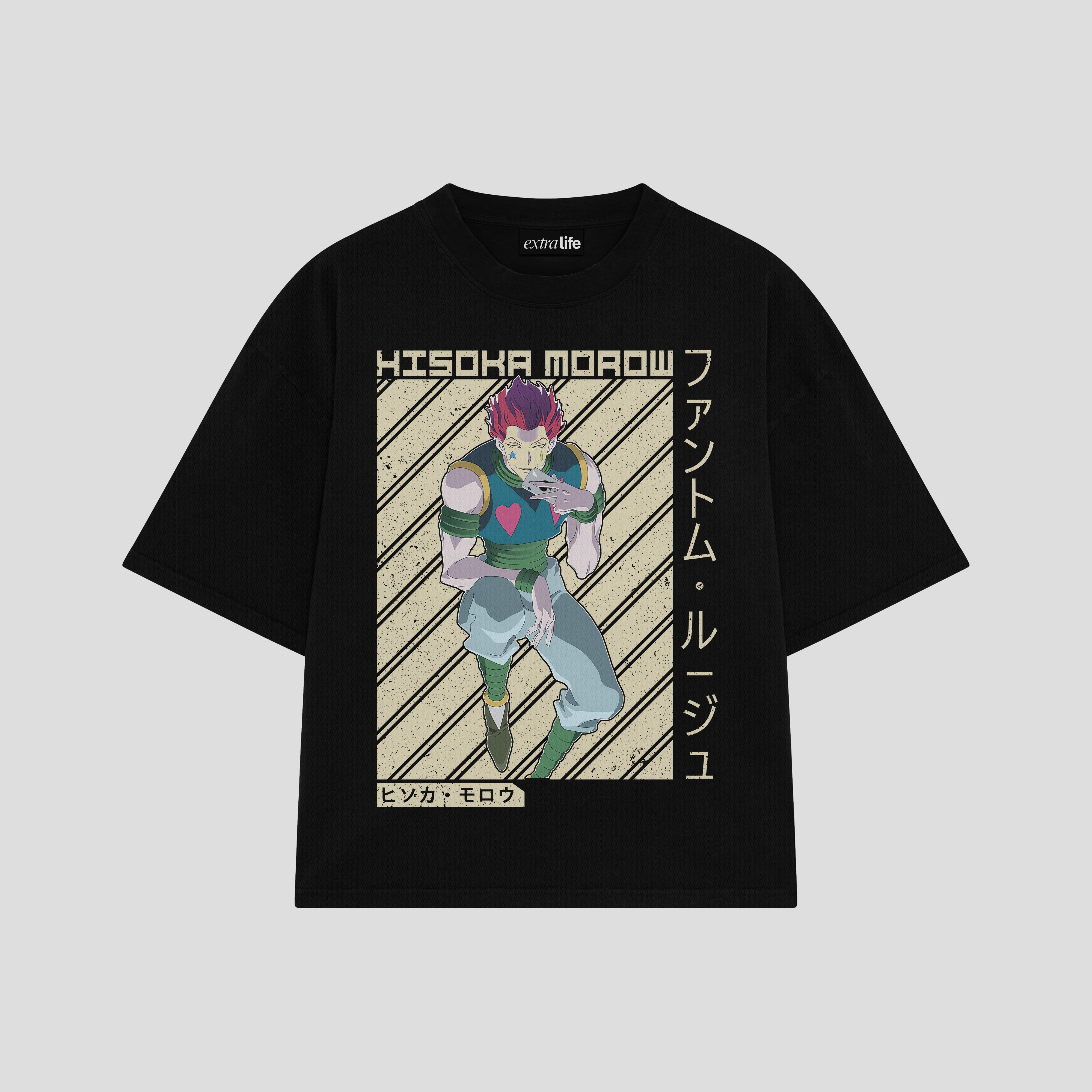 Playera streetwear premium de anime y gaming ExtraLife MX, corte boxy oversized drop shoulder heavyweight en color Deep Black y Off-White, moda urbana mexicana de culto.
