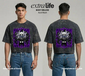Playera streetwear premium de anime y gaming ExtraLife MX, corte boxy deluxe mineral wash heavyweight en color Acid Wash, moda urbana mexicana de culto.