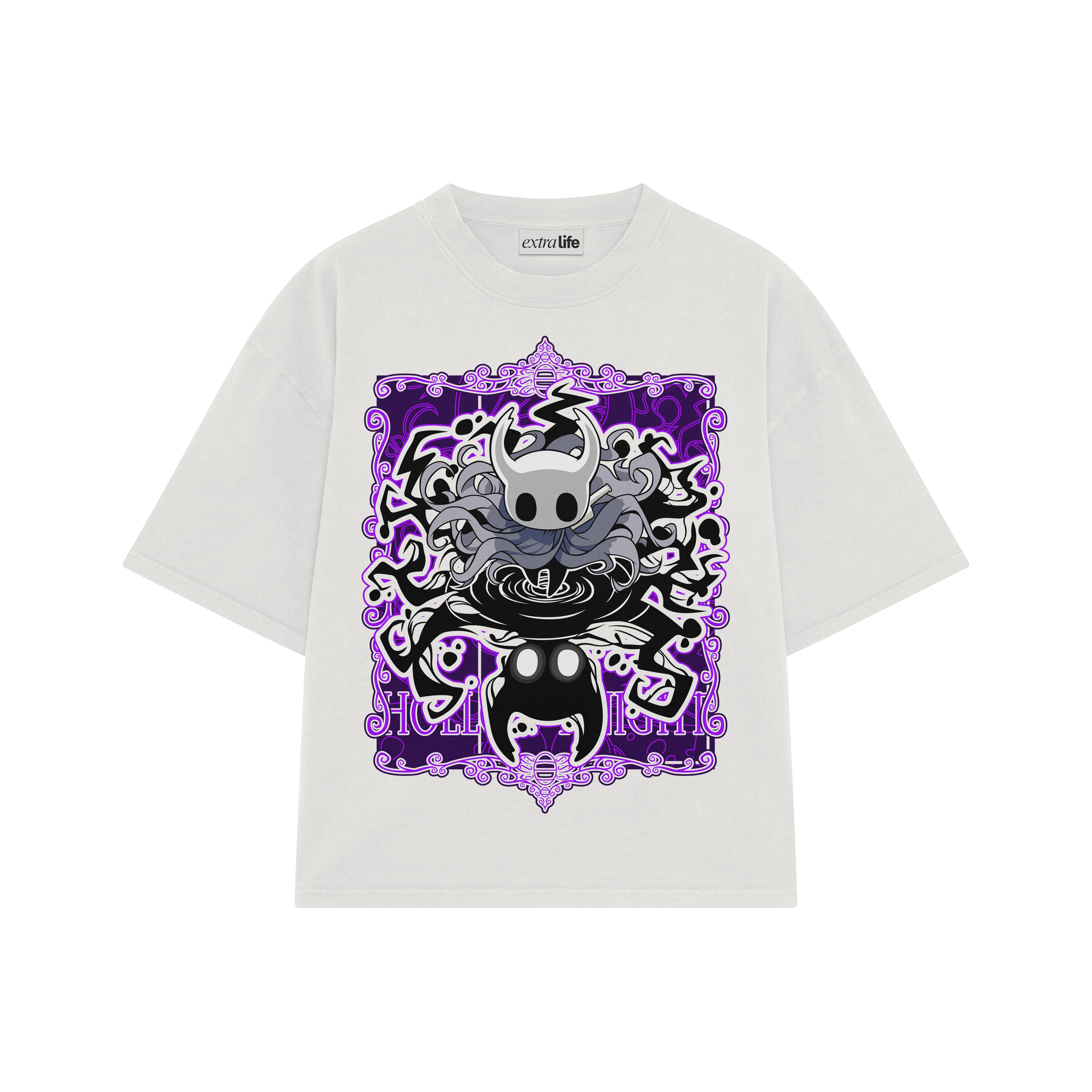 Playera streetwear premium de anime y gaming ExtraLife MX, corte boxy oversized drop shoulder heavyweight en color Deep Black y Off-White, moda urbana mexicana de culto.