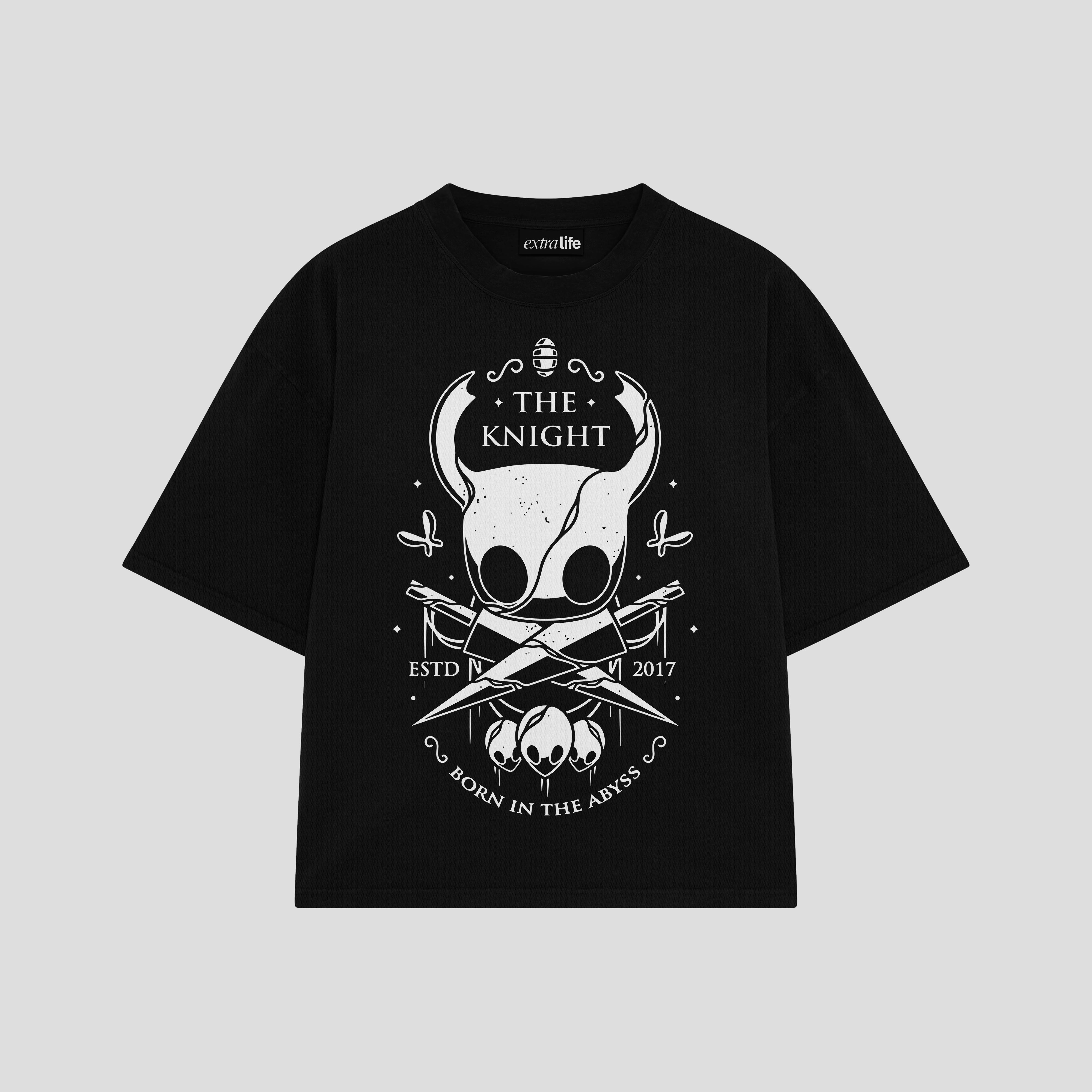 Playera streetwear premium de anime y gaming ExtraLife MX, corte boxy oversized drop shoulder heavyweight en color Deep Black y Off-White, moda urbana mexicana de culto.