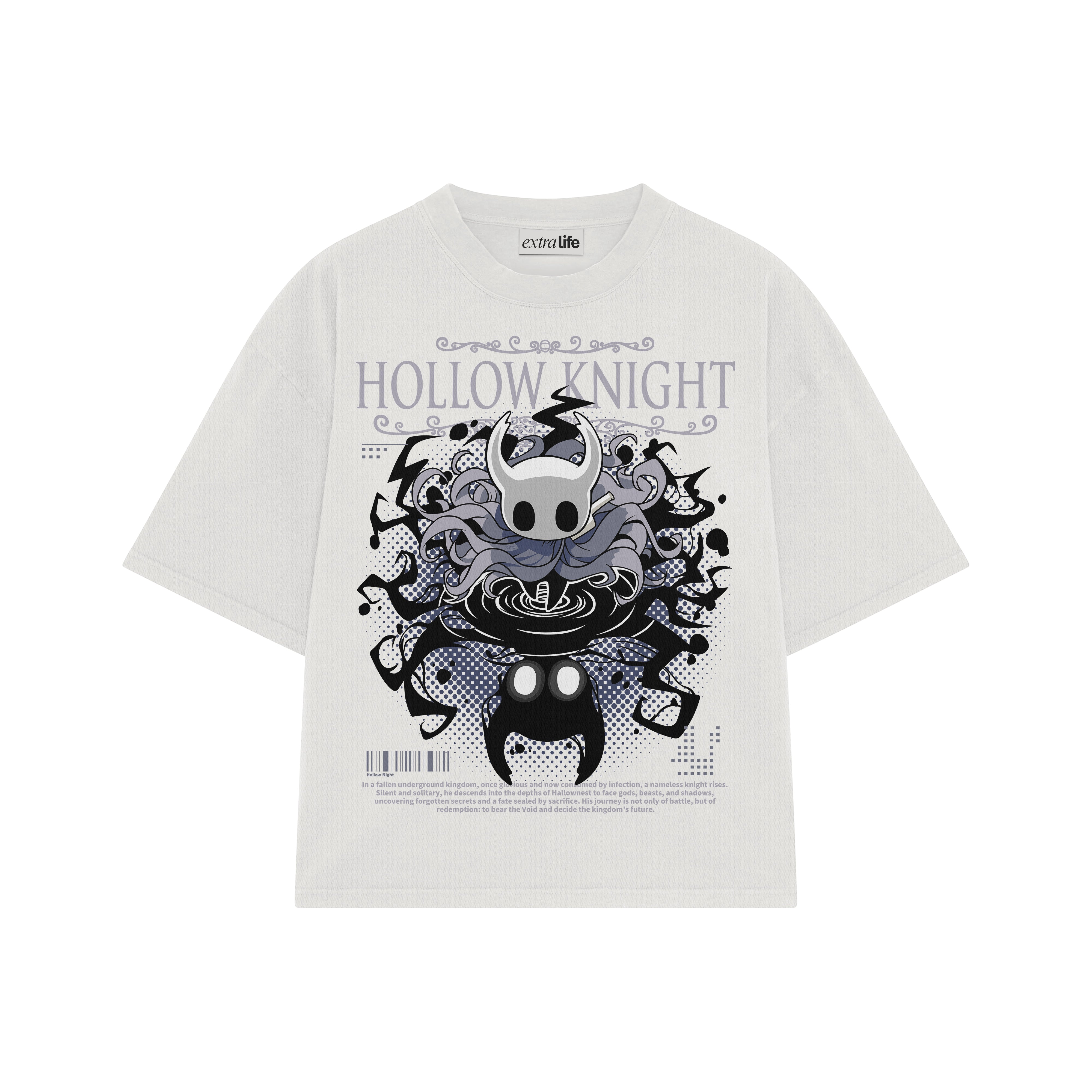 Playera streetwear premium de anime y gaming ExtraLife MX, corte boxy oversized drop shoulder heavyweight en color Deep Black y Off-White, moda urbana mexicana de culto.