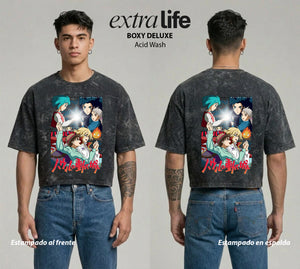 Playera streetwear premium de anime y gaming ExtraLife MX, corte boxy deluxe mineral wash heavyweight en color Acid Wash, moda urbana mexicana de culto.