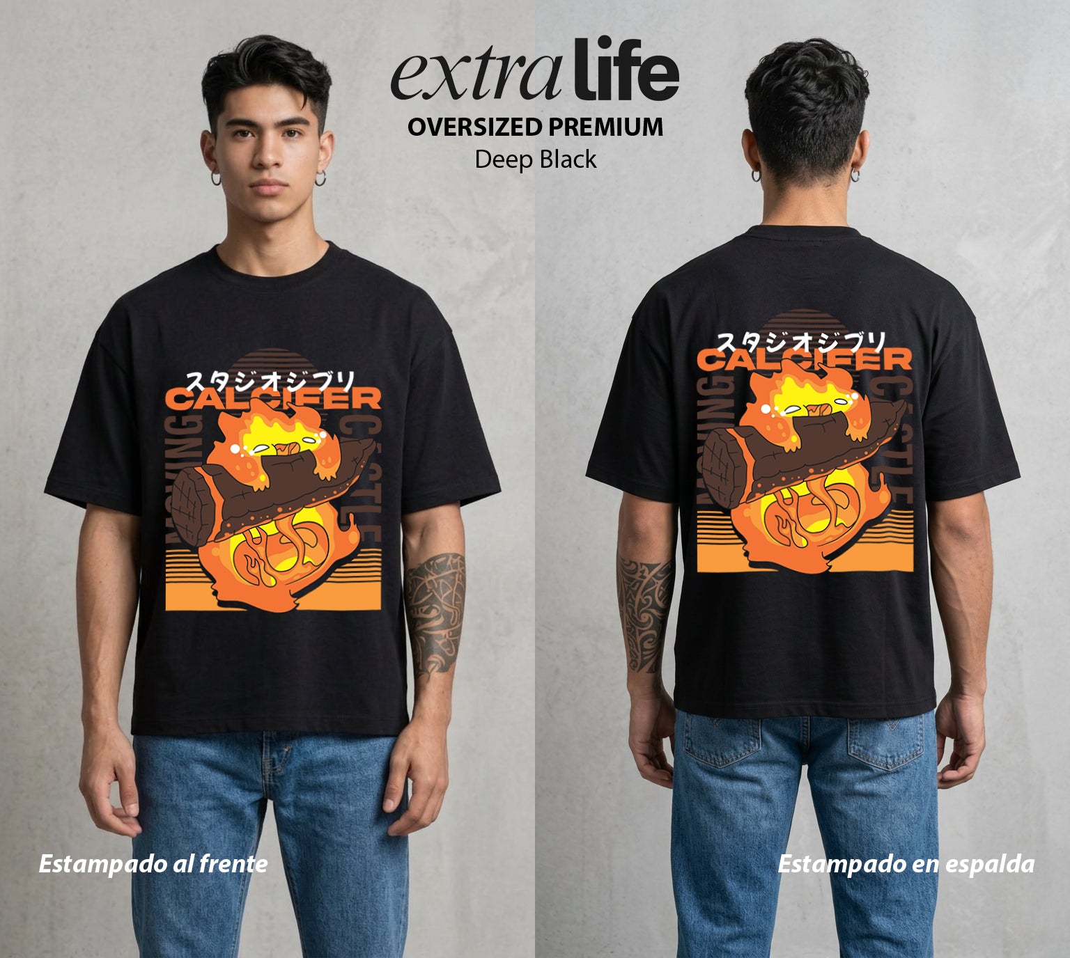 El Estudio del Viento | El Fuego del Castillo #01679 - Playera Oversized Premium | Deep Black - Foto en modelo
