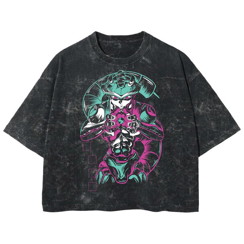 Playera streetwear premium de anime y gaming ExtraLife MX, corte boxy deluxe mineral wash heavyweight en color Acid Wash, moda urbana mexicana de culto.