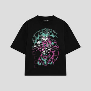 Playera streetwear premium de anime y gaming ExtraLife MX, corte boxy oversized drop shoulder heavyweight en color Deep Black y Off-White, moda urbana mexicana de culto.