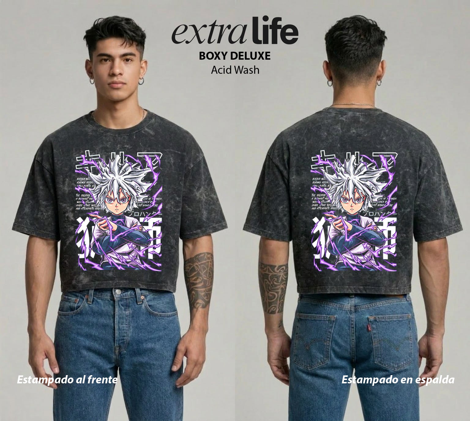 Playera streetwear premium de anime y gaming ExtraLife MX, corte boxy deluxe mineral wash heavyweight en color Acid Wash, moda urbana mexicana de culto.