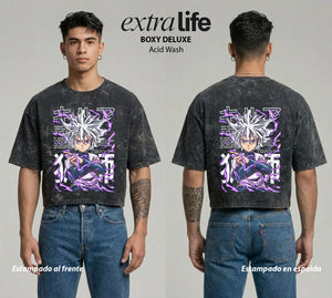 Playera streetwear premium de anime y gaming ExtraLife MX, corte boxy deluxe mineral wash heavyweight en color Acid Wash, moda urbana mexicana de culto.