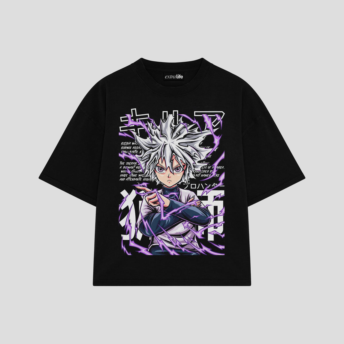 Playera streetwear premium de anime y gaming ExtraLife MX, corte oversized drop shoulder ligero y fresco en color Deep Black y Off-White, moda urbana mexicana de culto.