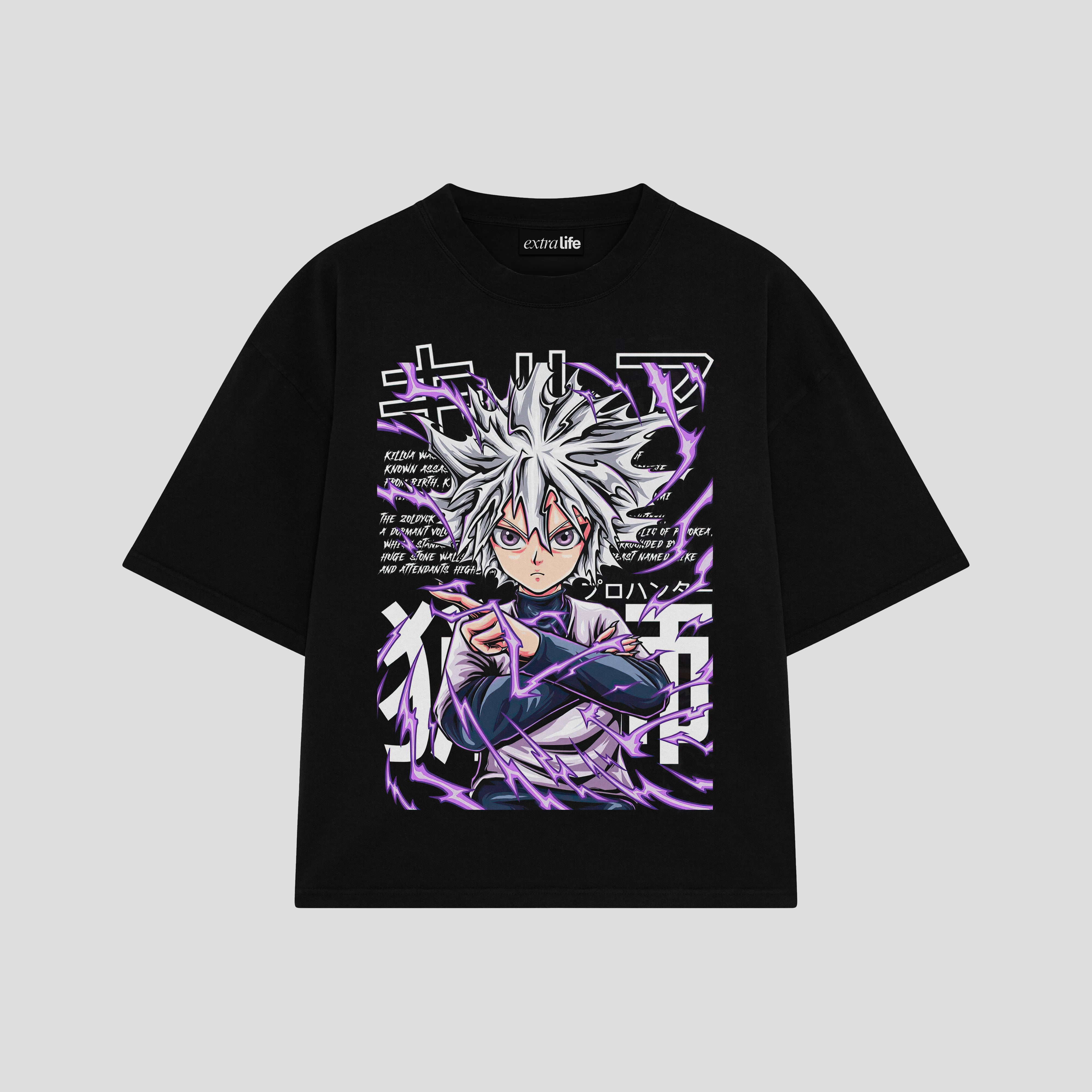 Playera streetwear premium de anime y gaming ExtraLife MX, corte boxy oversized drop shoulder heavyweight en color Deep Black y Off-White, moda urbana mexicana de culto.