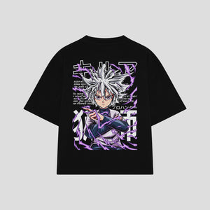 Playera streetwear premium de anime y gaming ExtraLife MX, corte boxy oversized drop shoulder heavyweight en color Deep Black y Off-White, moda urbana mexicana de culto.