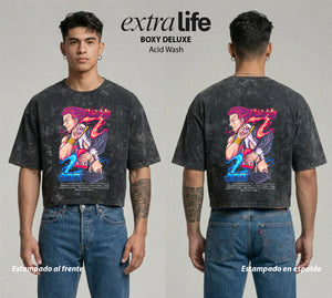 Playera streetwear premium de anime y gaming ExtraLife MX, corte boxy deluxe mineral wash heavyweight en color Acid Wash, moda urbana mexicana de culto.