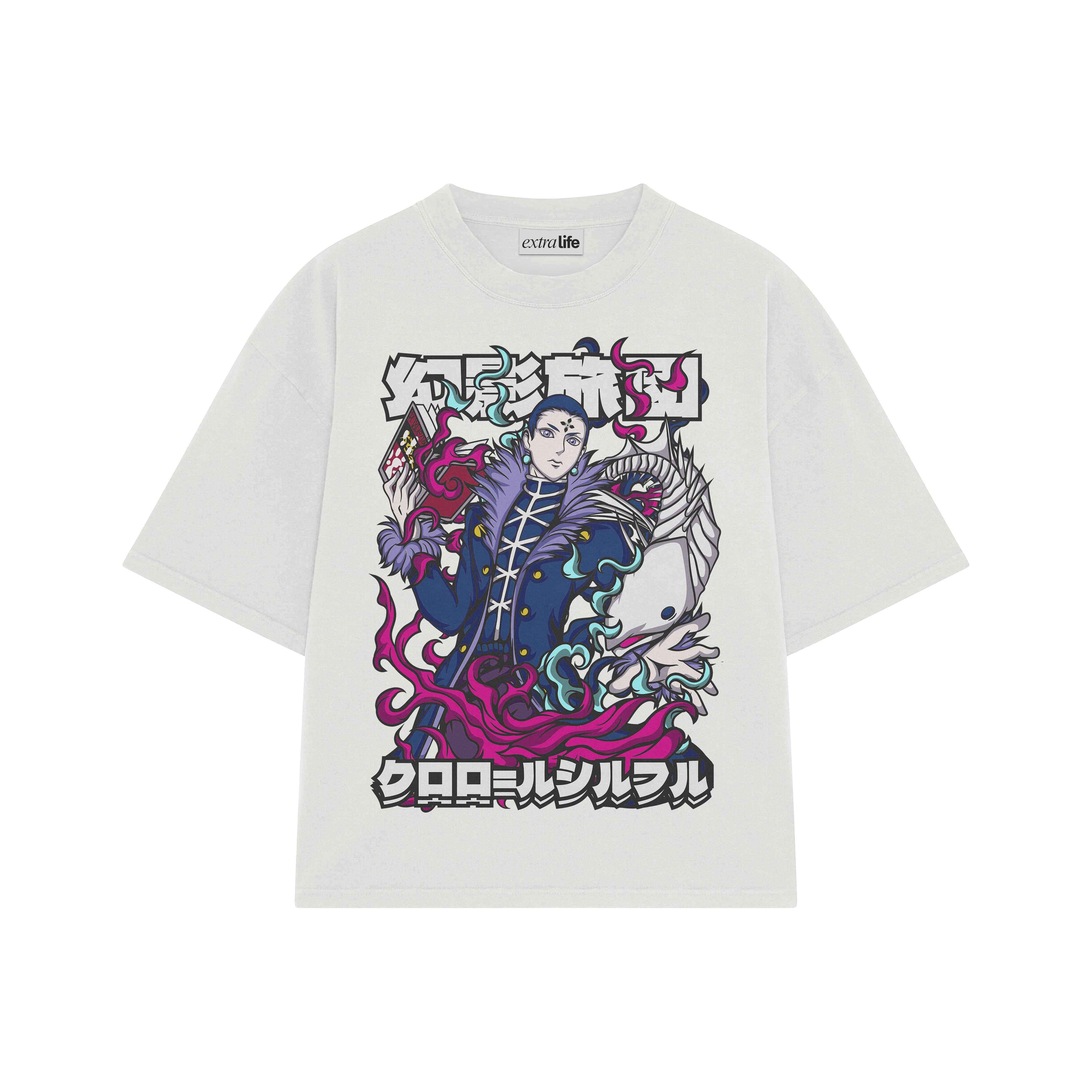 Playera streetwear premium de anime y gaming ExtraLife MX, corte boxy oversized drop shoulder heavyweight en color Deep Black y Off-White, moda urbana mexicana de culto.
