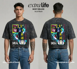 Playera streetwear premium de anime y gaming ExtraLife MX, corte boxy deluxe mineral wash heavyweight en color Acid Wash, moda urbana mexicana de culto.