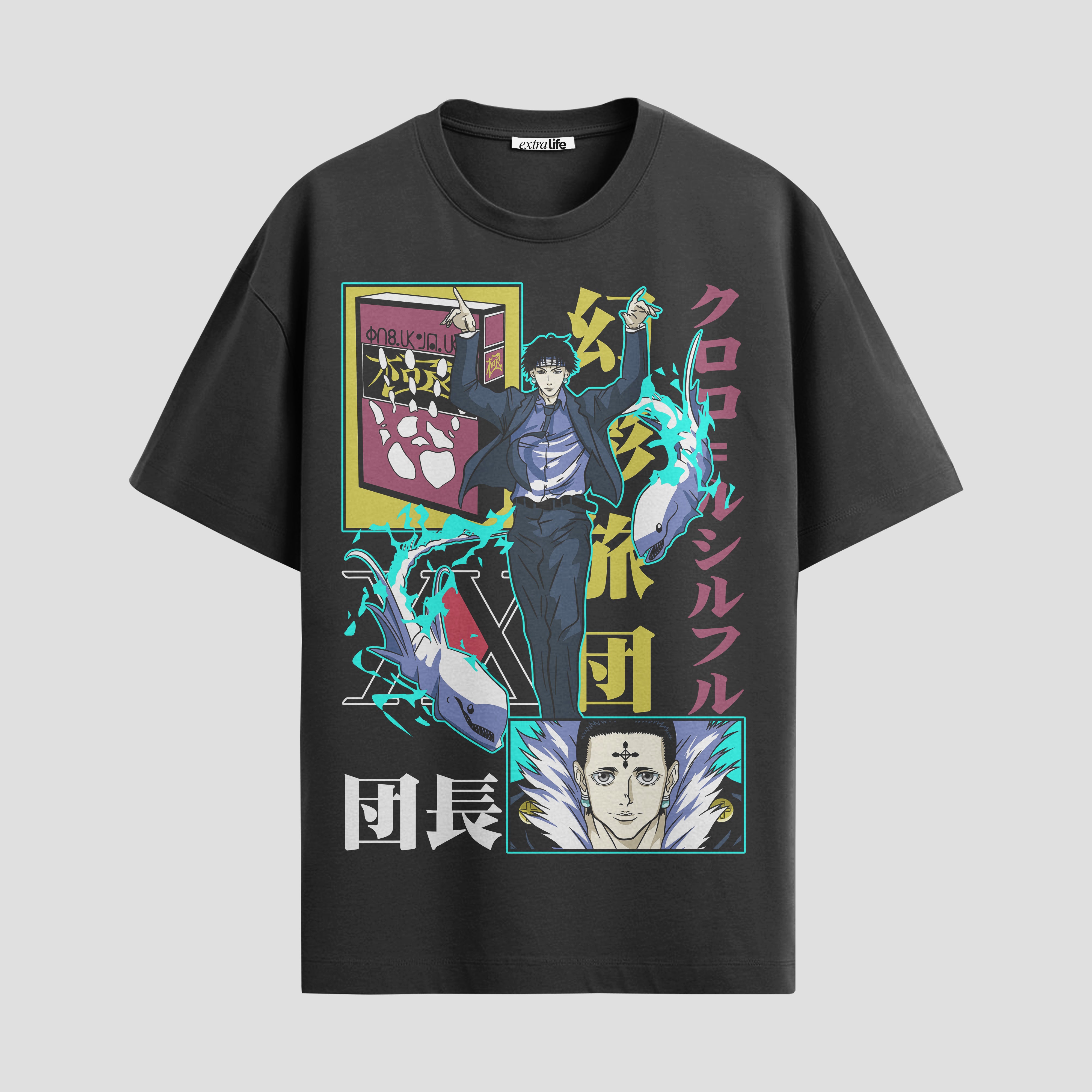 Playera urbana de anime y gaming ExtraLife MX, corte Standard Fit unisex ligero y transpirable en color Deep Black y Pure White, ropa de uso diario para gym y casual.