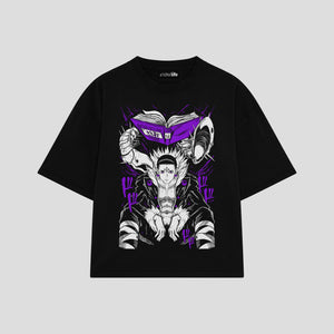 Playera streetwear premium de anime y gaming ExtraLife MX, corte boxy oversized drop shoulder heavyweight en color Deep Black y Off-White, moda urbana mexicana de culto.