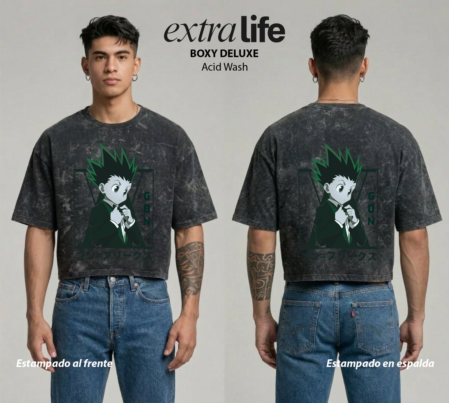 Playera streetwear premium de anime y gaming ExtraLife MX, corte boxy deluxe mineral wash heavyweight en color Acid Wash, moda urbana mexicana de culto.