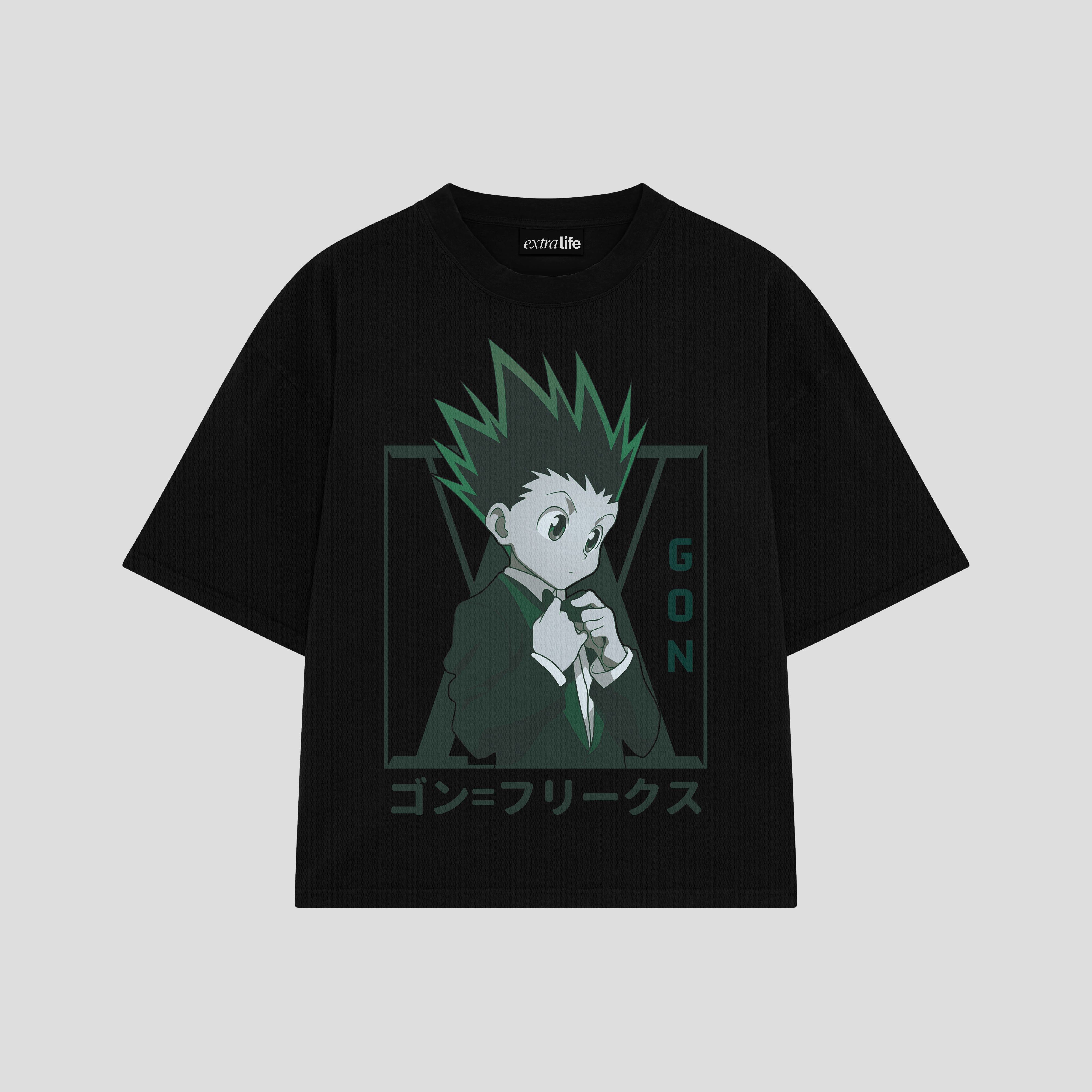 Playera streetwear premium de anime y gaming ExtraLife MX, corte boxy oversized drop shoulder heavyweight en color Deep Black y Off-White, moda urbana mexicana de culto.