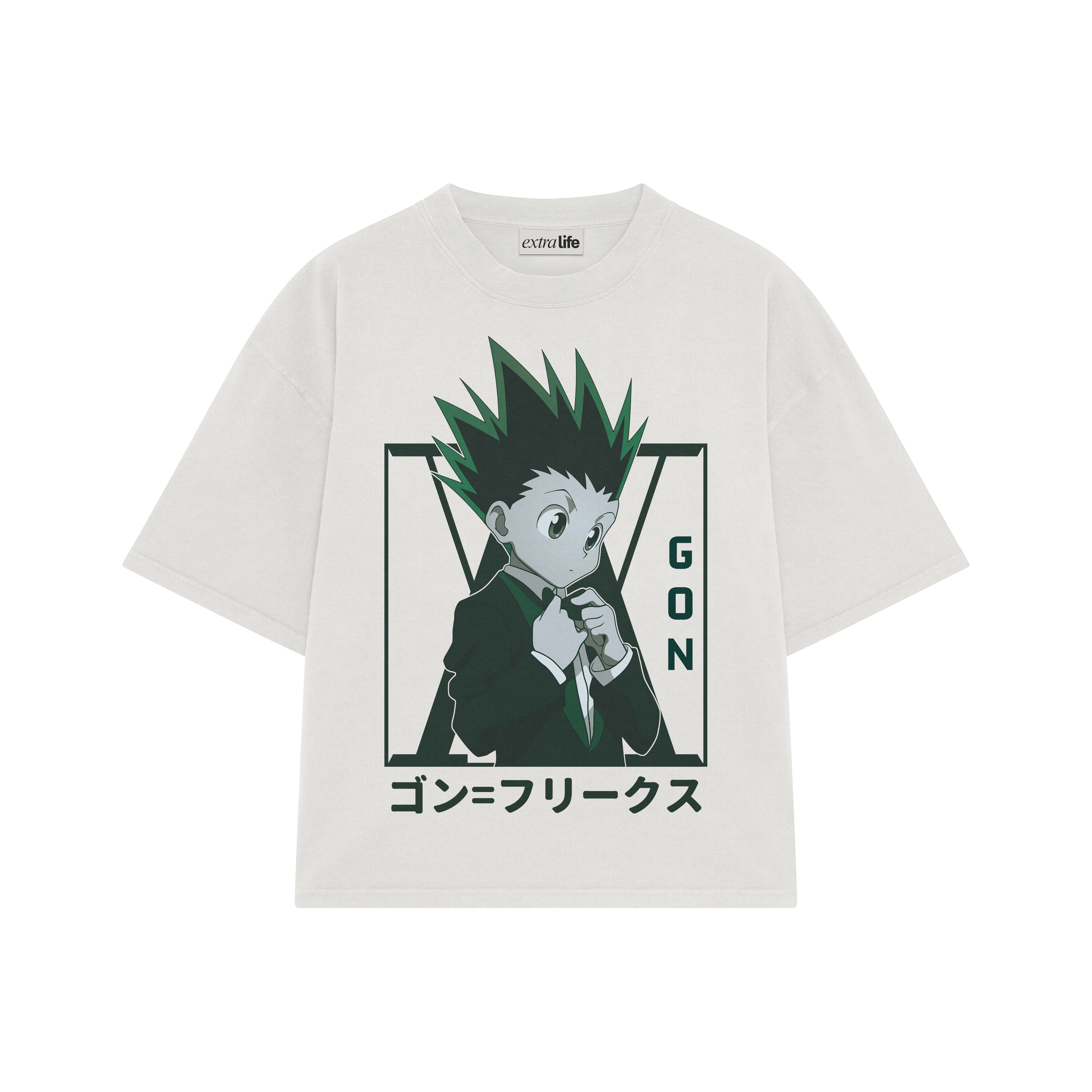 Playera streetwear premium de anime y gaming ExtraLife MX, corte boxy oversized drop shoulder heavyweight en color Deep Black y Off-White, moda urbana mexicana de culto.