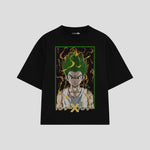Playera streetwear premium de anime y gaming ExtraLife MX, corte boxy oversized drop shoulder heavyweight en color Deep Black y Off-White, moda urbana mexicana de culto.