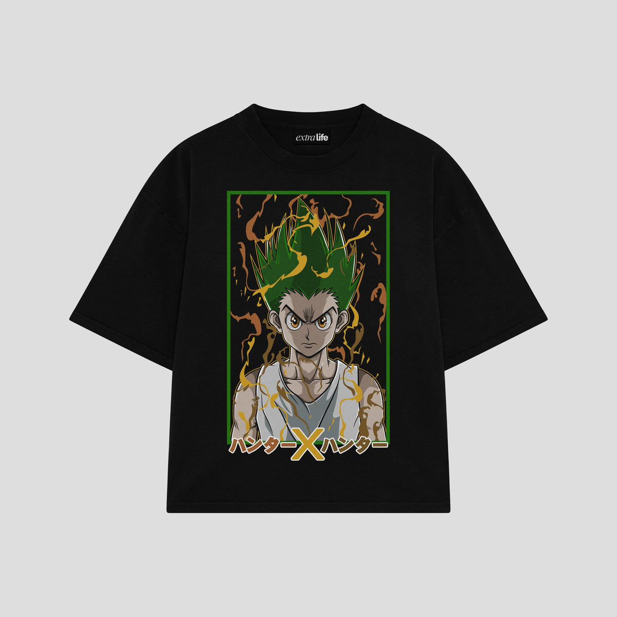 Playera streetwear premium de anime y gaming ExtraLife MX, corte oversized drop shoulder ligero y fresco en color Deep Black y Off-White, moda urbana mexicana de culto.