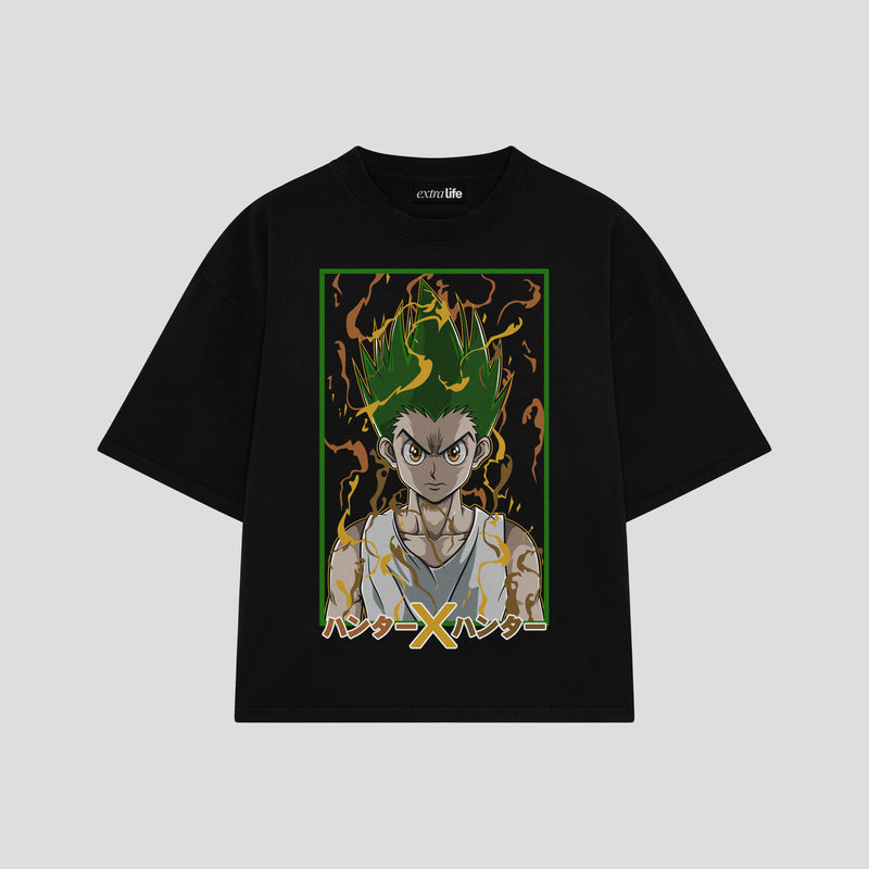 Playera streetwear premium de anime y gaming ExtraLife MX, corte boxy oversized drop shoulder heavyweight en color Deep Black y Off-White, moda urbana mexicana de culto.