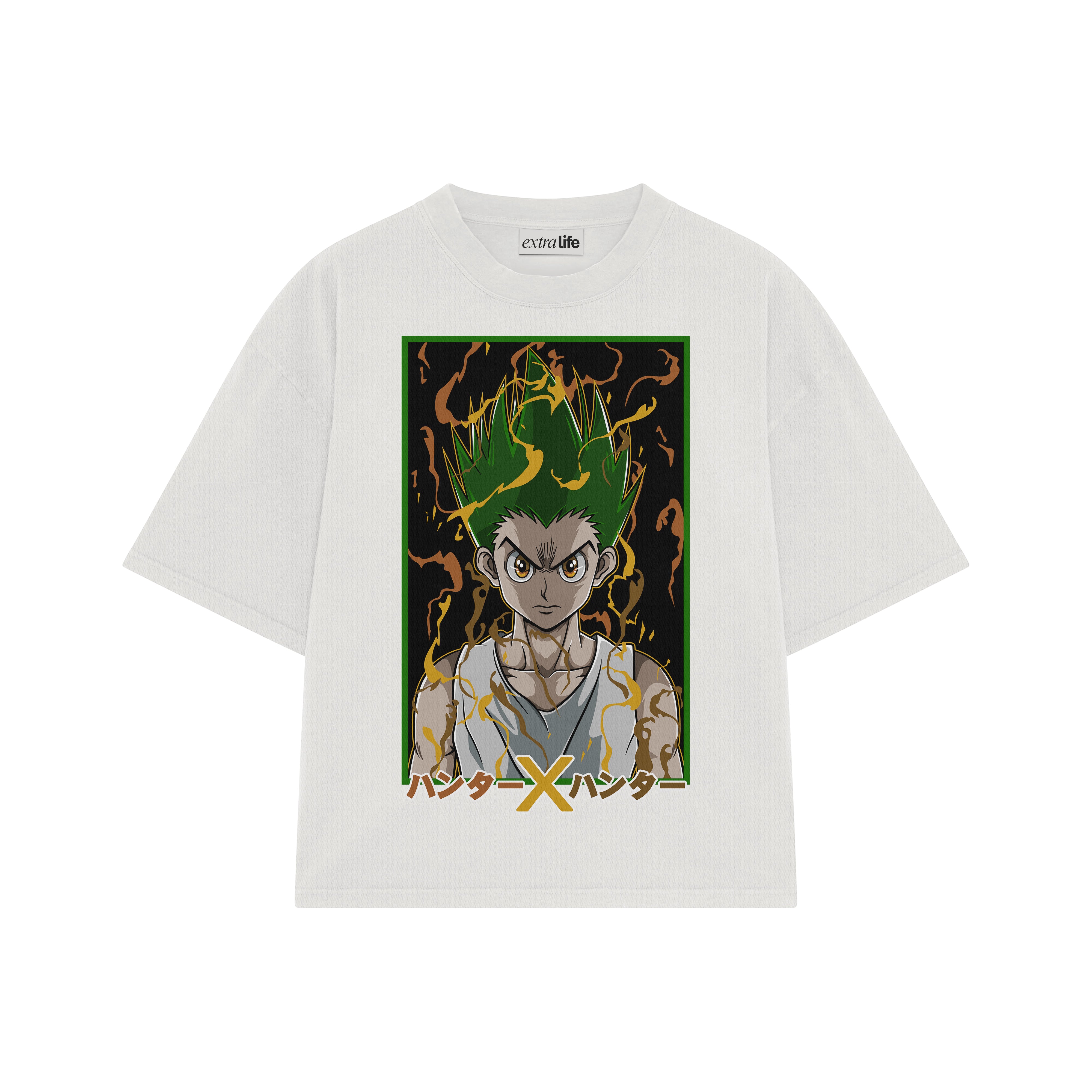 Playera streetwear premium de anime y gaming ExtraLife MX, corte boxy oversized drop shoulder heavyweight en color Deep Black y Off-White, moda urbana mexicana de culto.