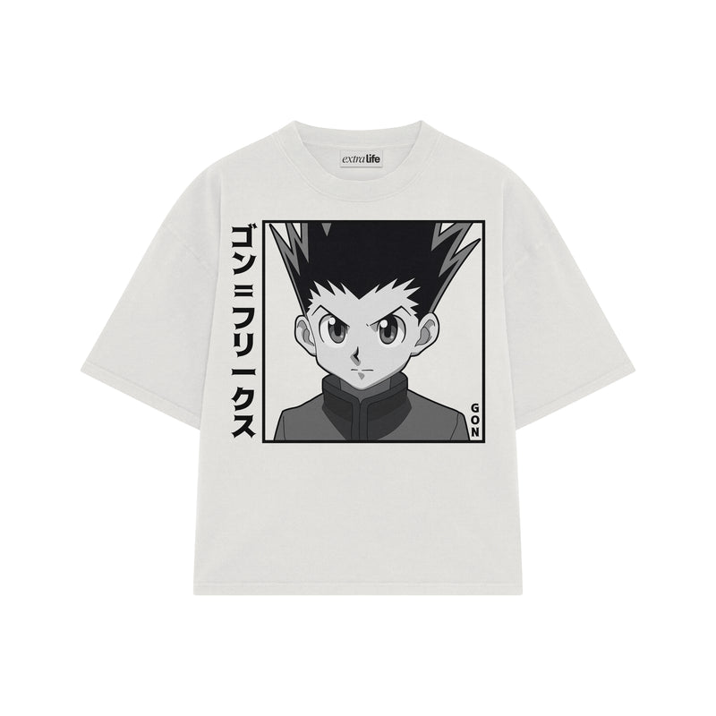 Playera streetwear premium de anime y gaming ExtraLife MX, corte boxy oversized drop shoulder heavyweight en color Deep Black y Off-White, moda urbana mexicana de culto.