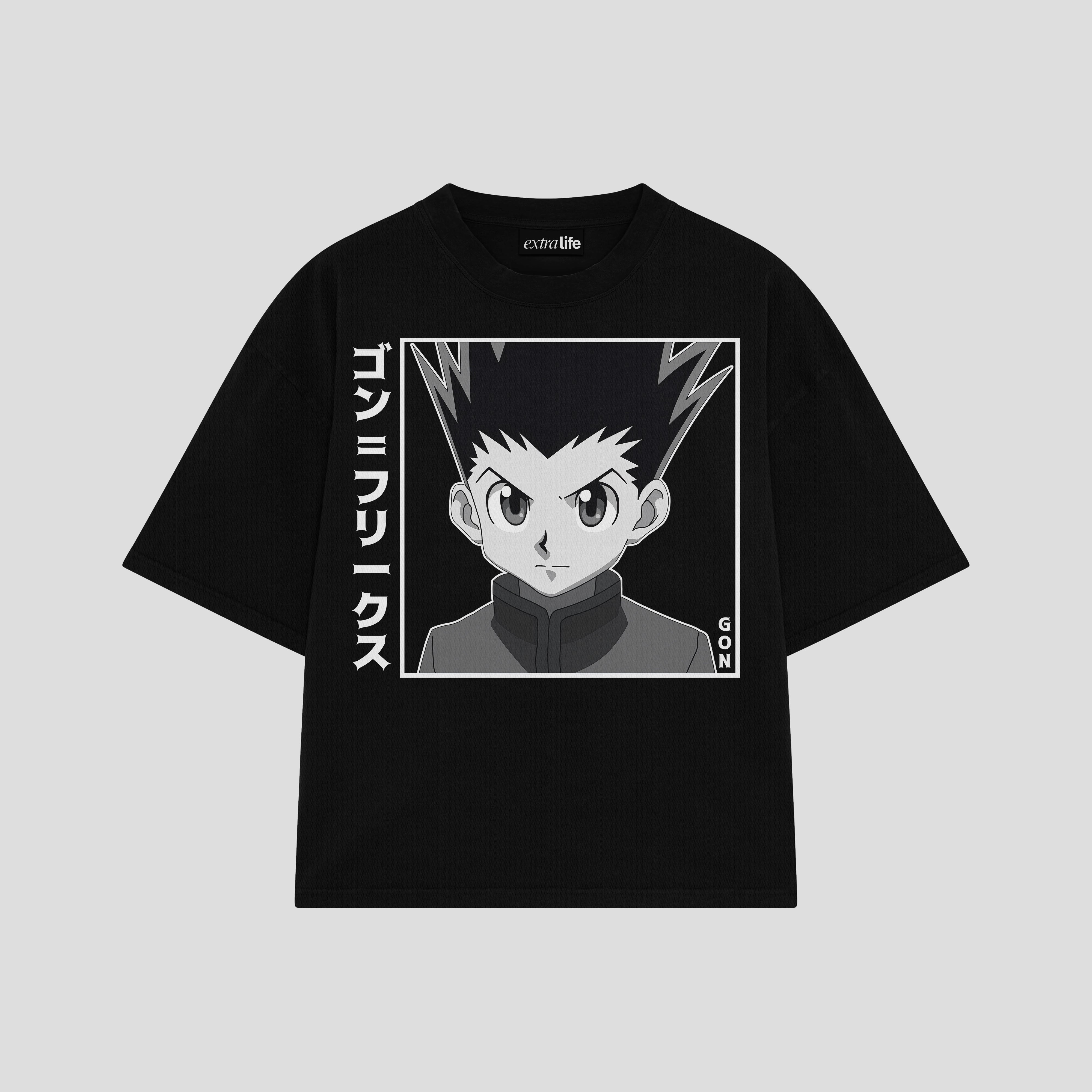 Playera streetwear premium de anime y gaming ExtraLife MX, corte boxy oversized drop shoulder heavyweight en color Deep Black y Off-White, moda urbana mexicana de culto.
