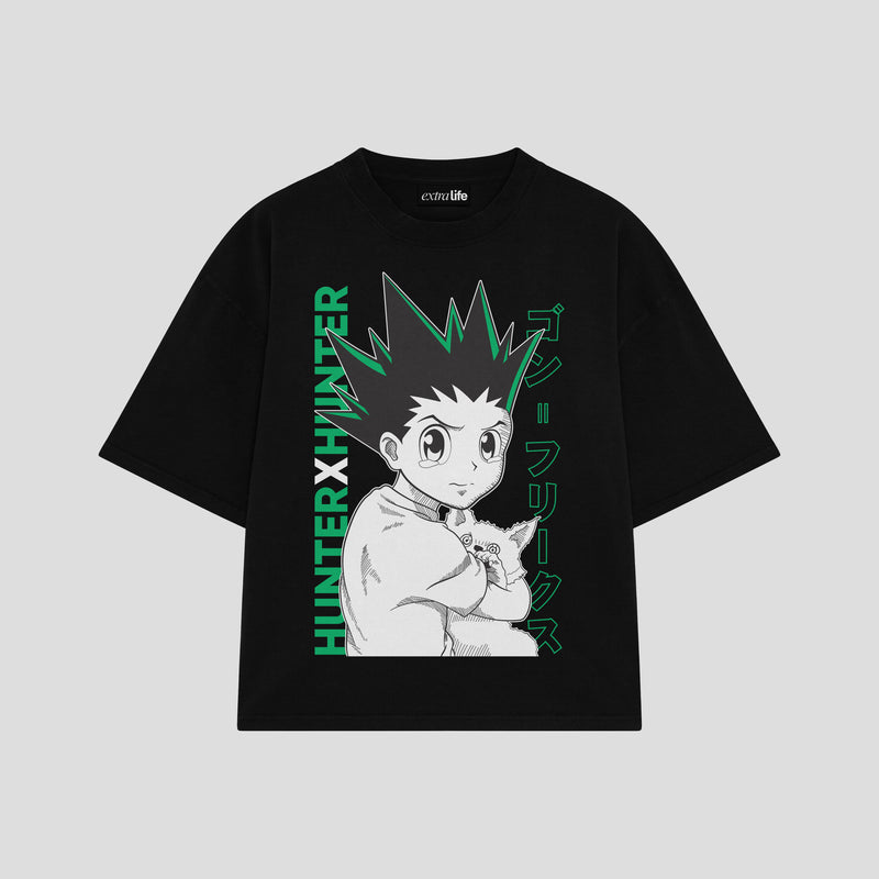 Playera streetwear premium de anime y gaming ExtraLife MX, corte boxy oversized drop shoulder heavyweight en color Deep Black y Off-White, moda urbana mexicana de culto.