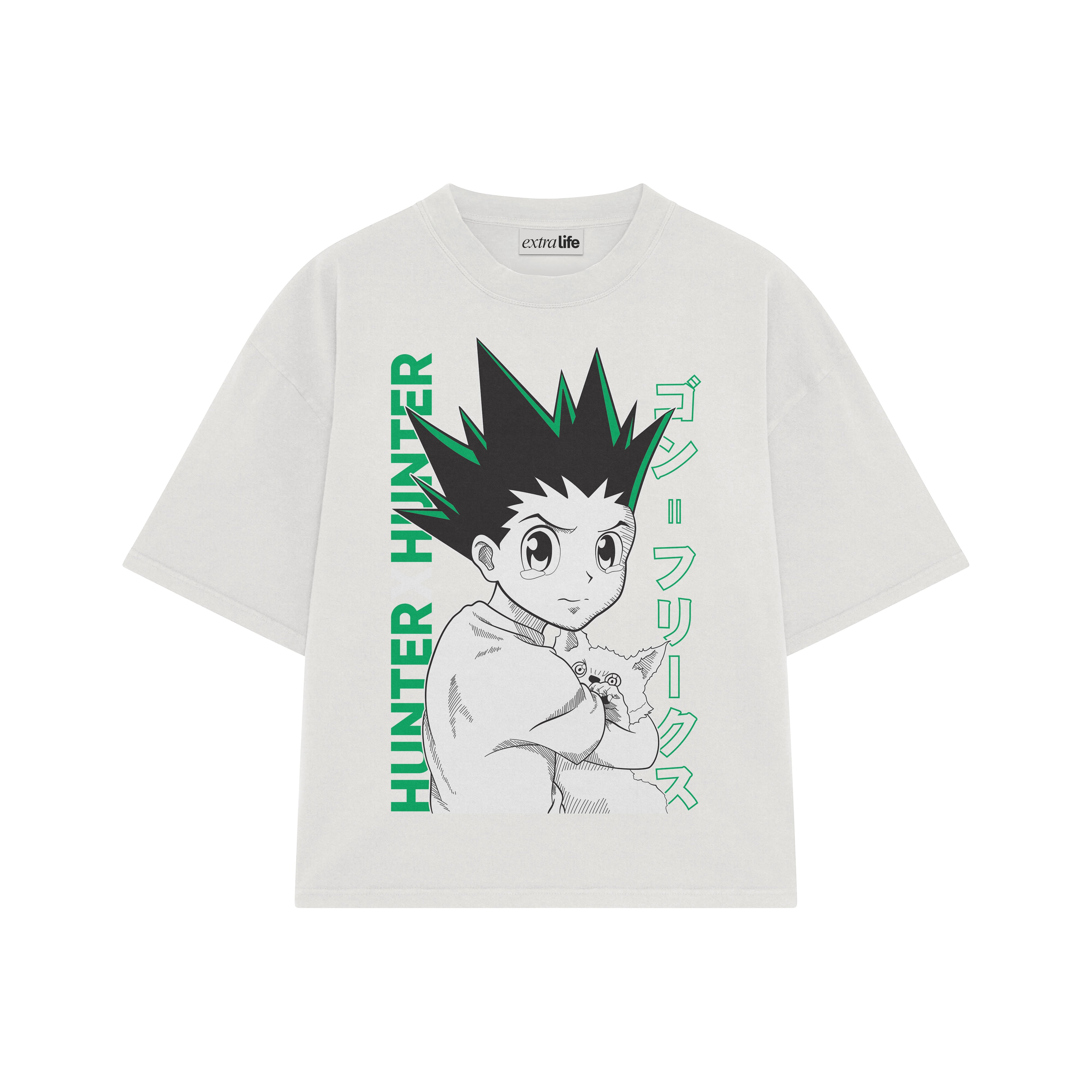 Playera streetwear premium de anime y gaming ExtraLife MX, corte boxy oversized drop shoulder heavyweight en color Deep Black y Off-White, moda urbana mexicana de culto.
