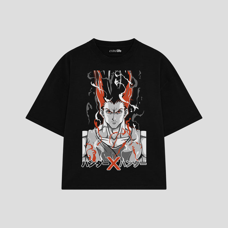 Playera streetwear premium de anime y gaming ExtraLife MX, corte boxy oversized drop shoulder heavyweight en color Deep Black y Off-White, moda urbana mexicana de culto.