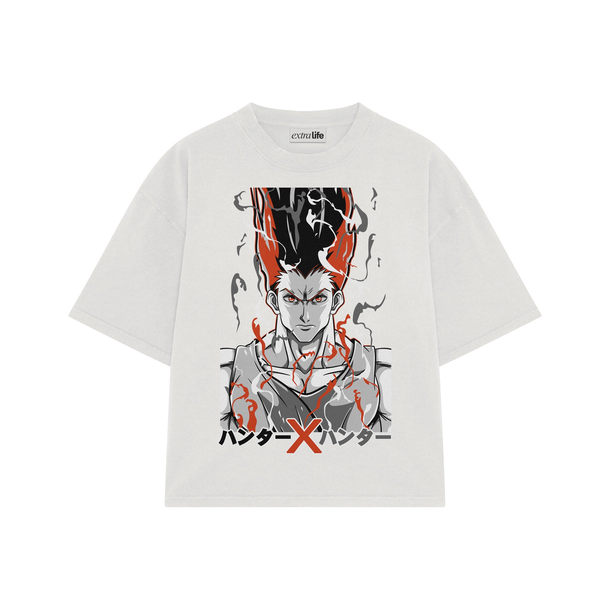 Playera streetwear premium de anime y gaming ExtraLife MX, corte oversized drop shoulder ligero y fresco en color Deep Black y Off-White, moda urbana mexicana de culto.