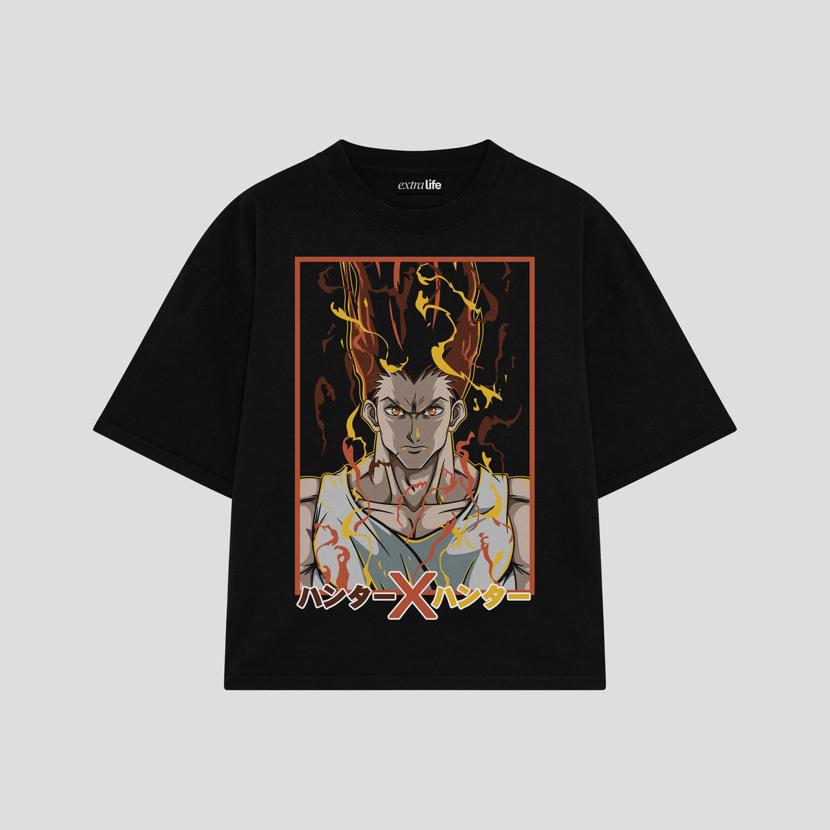 Playera streetwear premium de anime y gaming ExtraLife MX, corte oversized drop shoulder ligero y fresco en color Deep Black y Off-White, moda urbana mexicana de culto.