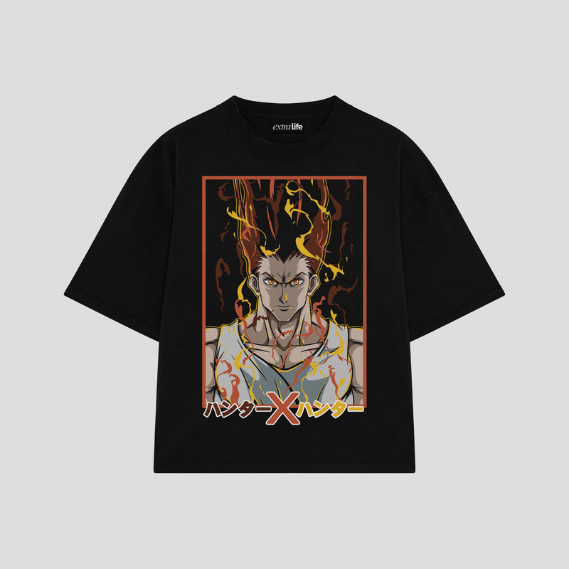 Playera streetwear premium de anime y gaming ExtraLife MX, corte boxy oversized drop shoulder heavyweight en color Deep Black y Off-White, moda urbana mexicana de culto.