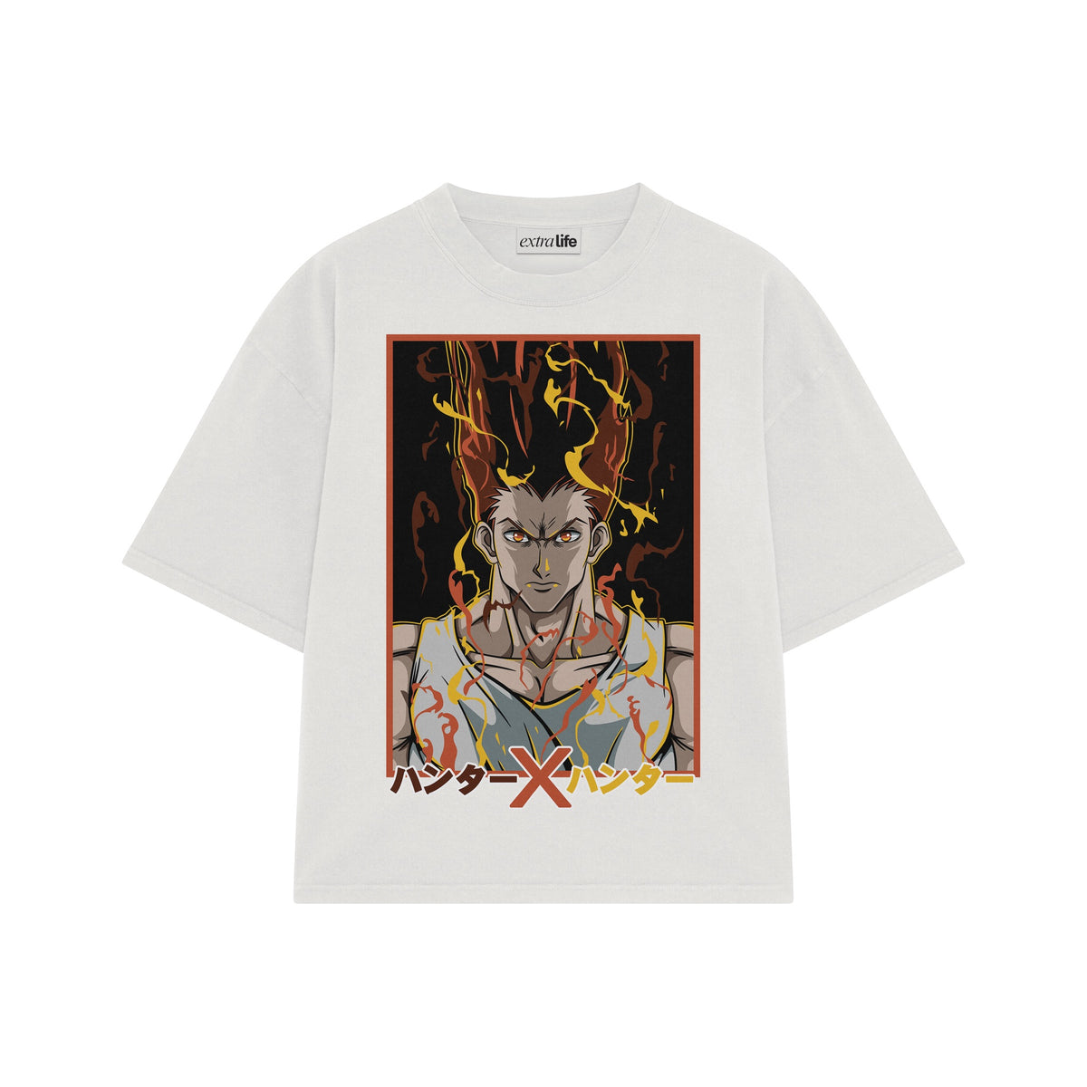 Playera streetwear premium de anime y gaming ExtraLife MX, corte oversized drop shoulder ligero y fresco en color Deep Black y Off-White, moda urbana mexicana de culto.