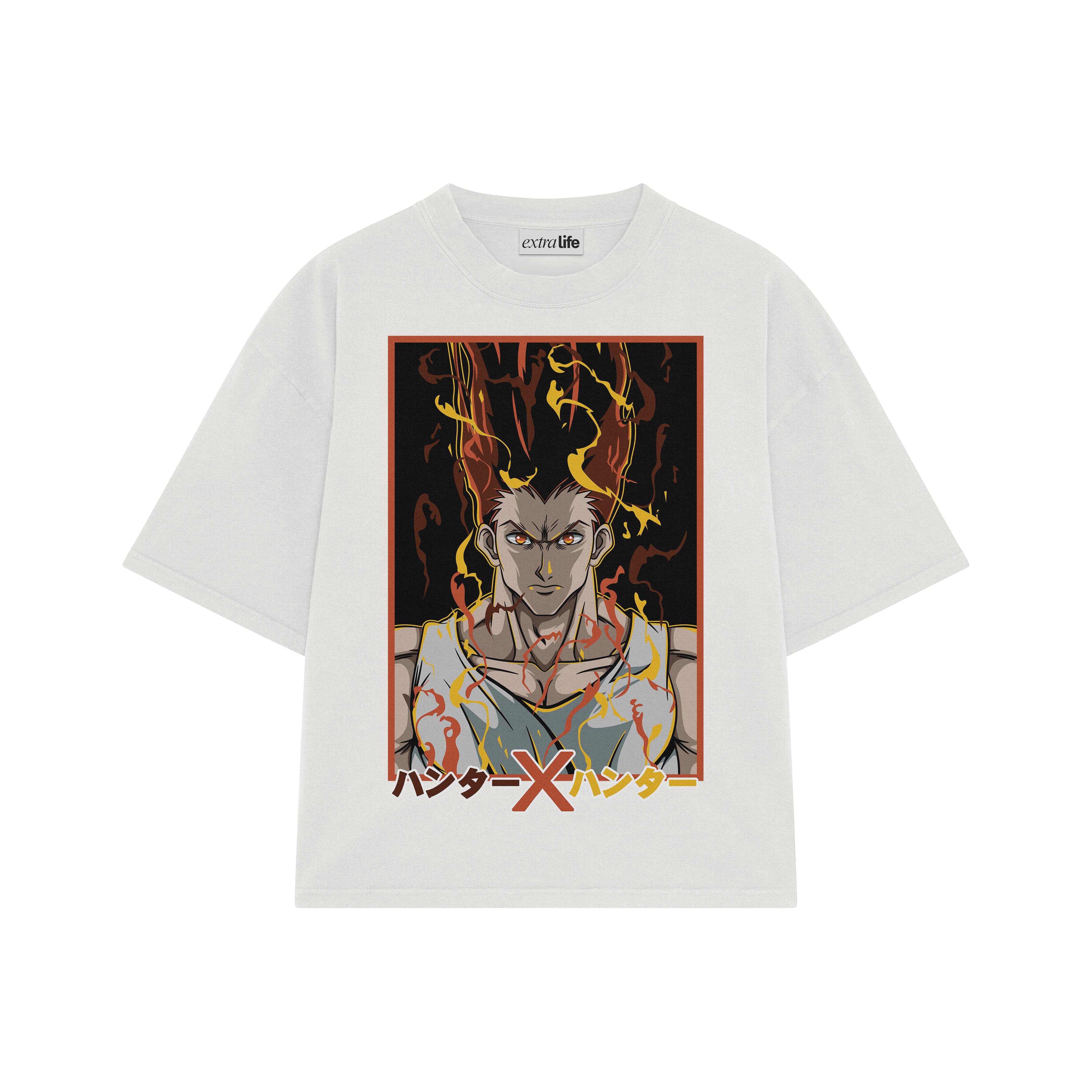 Playera streetwear premium de anime y gaming ExtraLife MX, corte boxy oversized drop shoulder heavyweight en color Deep Black y Off-White, moda urbana mexicana de culto.