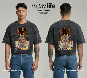 Playera streetwear premium de anime y gaming ExtraLife MX, corte boxy deluxe mineral wash heavyweight en color Acid Wash, moda urbana mexicana de culto.