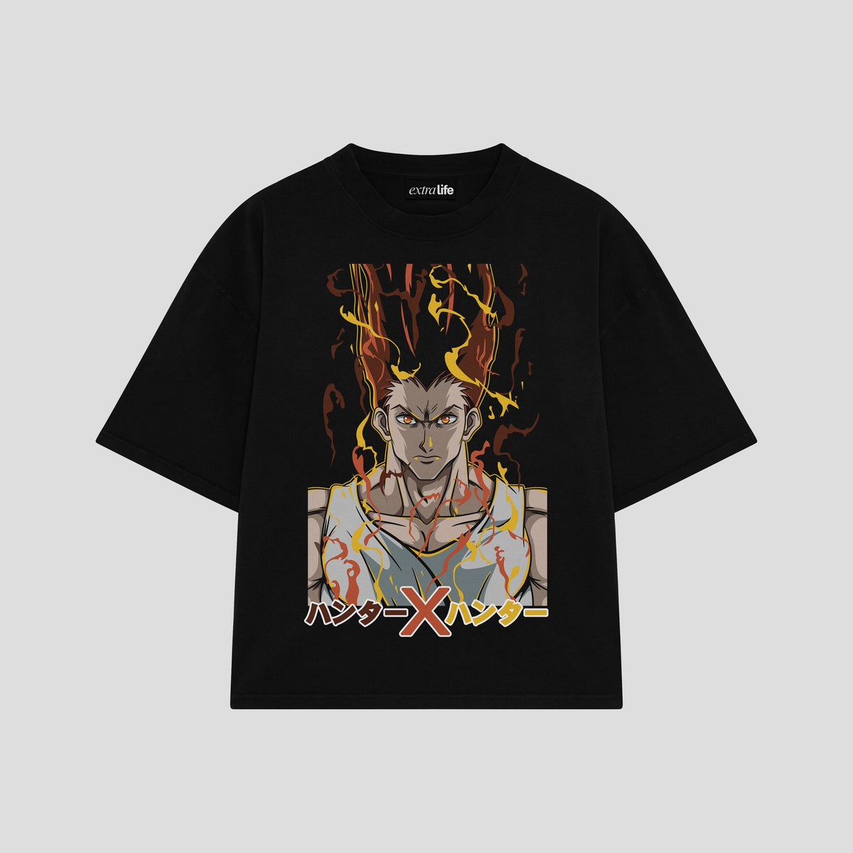 Playera streetwear premium de anime y gaming ExtraLife MX, corte oversized drop shoulder ligero y fresco en color Deep Black y Off-White, moda urbana mexicana de culto.