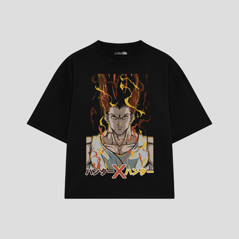 Playera streetwear premium de anime y gaming ExtraLife MX, corte boxy oversized drop shoulder heavyweight en color Deep Black y Off-White, moda urbana mexicana de culto.