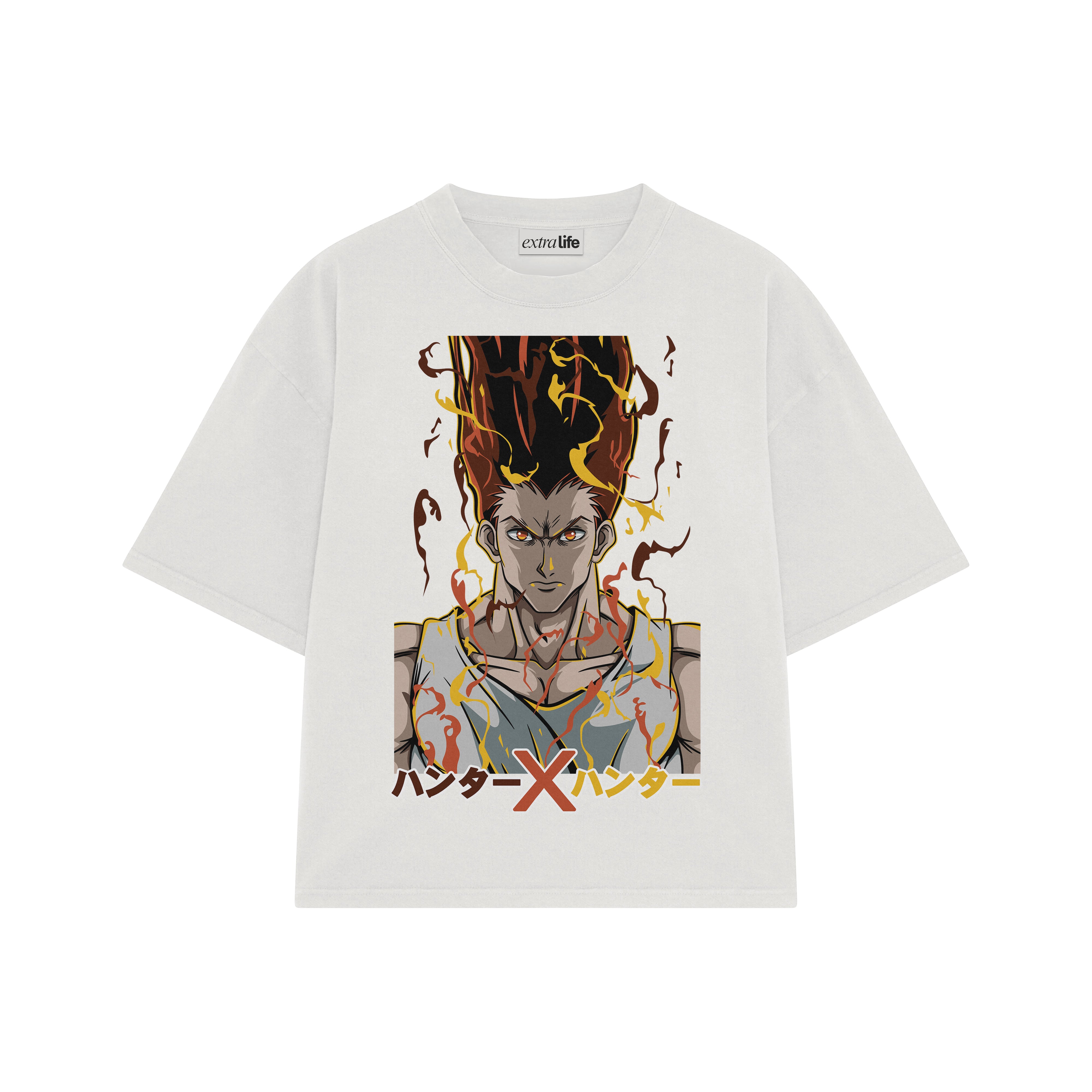Playera streetwear premium de anime y gaming ExtraLife MX, corte boxy oversized drop shoulder heavyweight en color Deep Black y Off-White, moda urbana mexicana de culto.