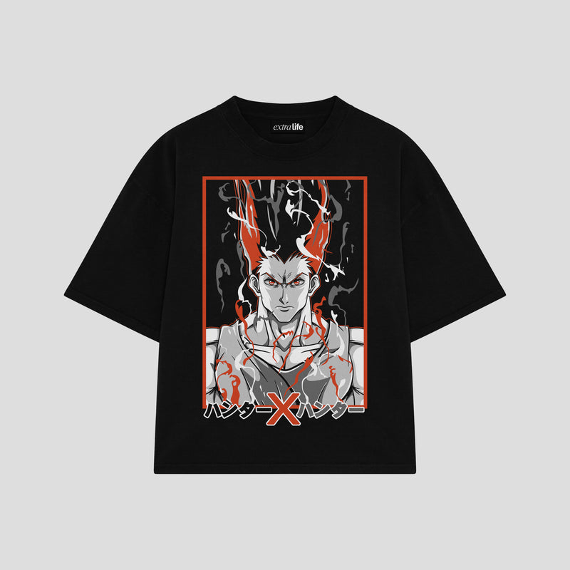 Playera streetwear premium de anime y gaming ExtraLife MX, corte boxy oversized drop shoulder heavyweight en color Deep Black y Off-White, moda urbana mexicana de culto.