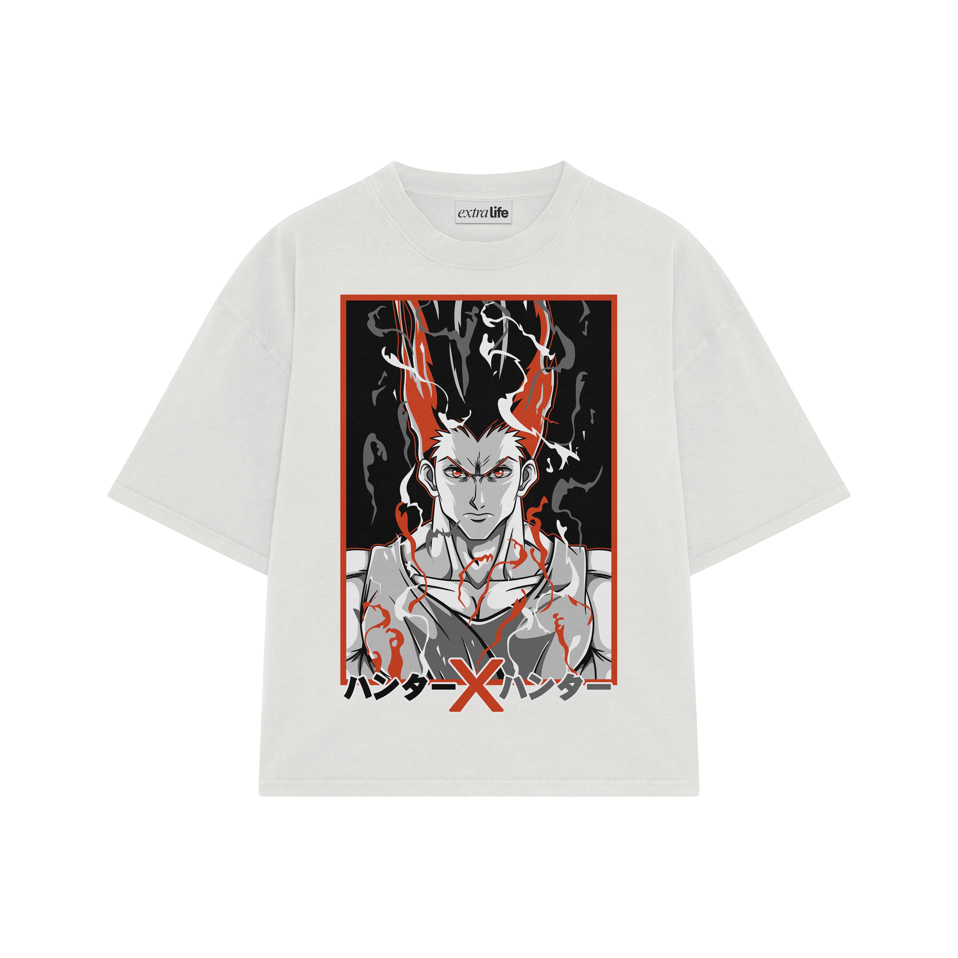 Playera streetwear premium de anime y gaming ExtraLife MX, corte boxy oversized drop shoulder heavyweight en color Deep Black y Off-White, moda urbana mexicana de culto.