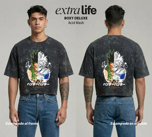 Playera streetwear premium de anime y gaming ExtraLife MX, corte boxy deluxe mineral wash heavyweight en color Acid Wash, moda urbana mexicana de culto.