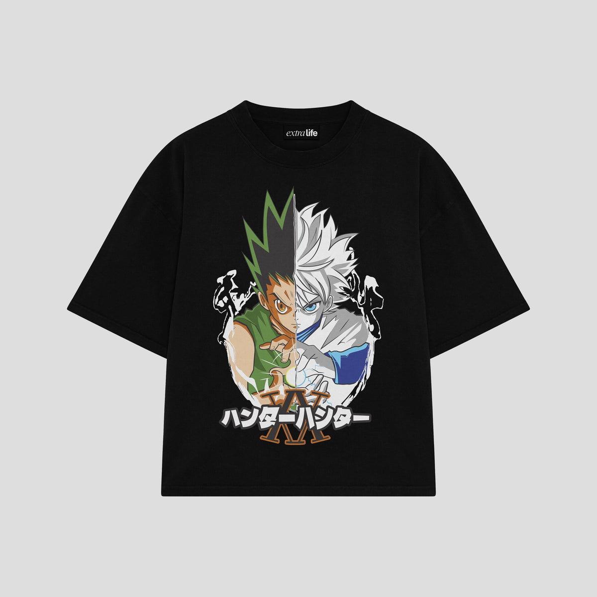 Playera streetwear premium de anime y gaming ExtraLife MX, corte oversized drop shoulder ligero y fresco en color Deep Black y Off-White, moda urbana mexicana de culto.